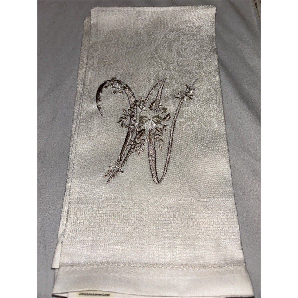 Vintage Texteis Iris‎ Linen Embroidered Monogrammed M Cloth Decorative Tea Towel
